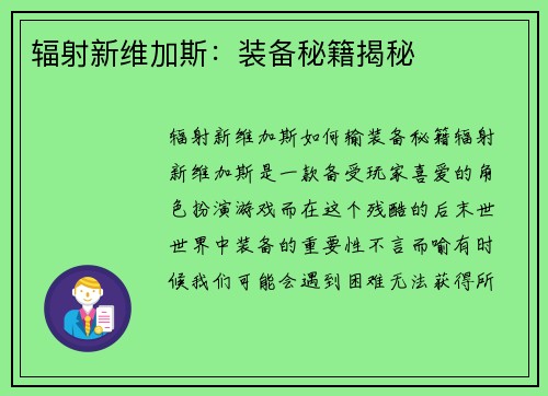 辐射新维加斯：装备秘籍揭秘