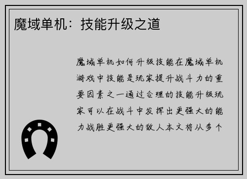 魔域单机：技能升级之道